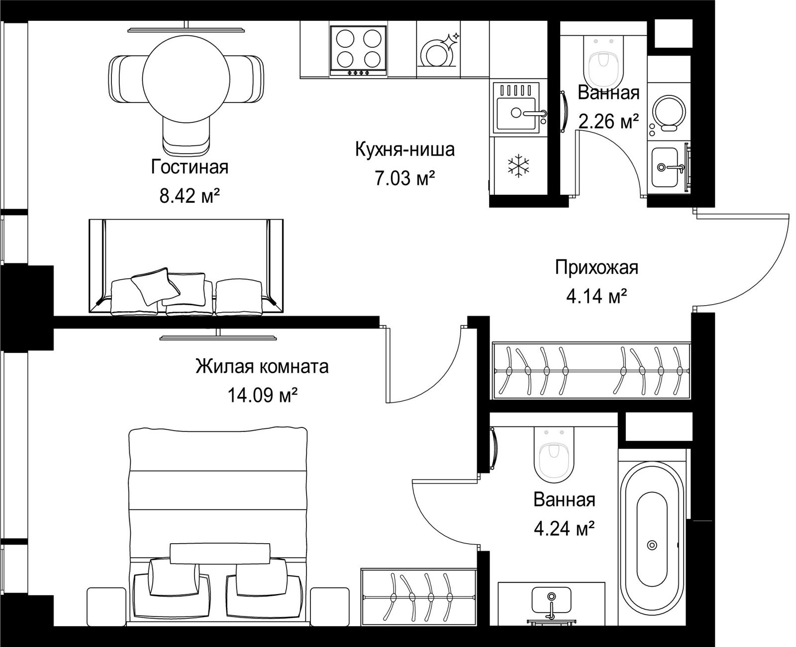 1-комнатная квартира, 40,2 м²