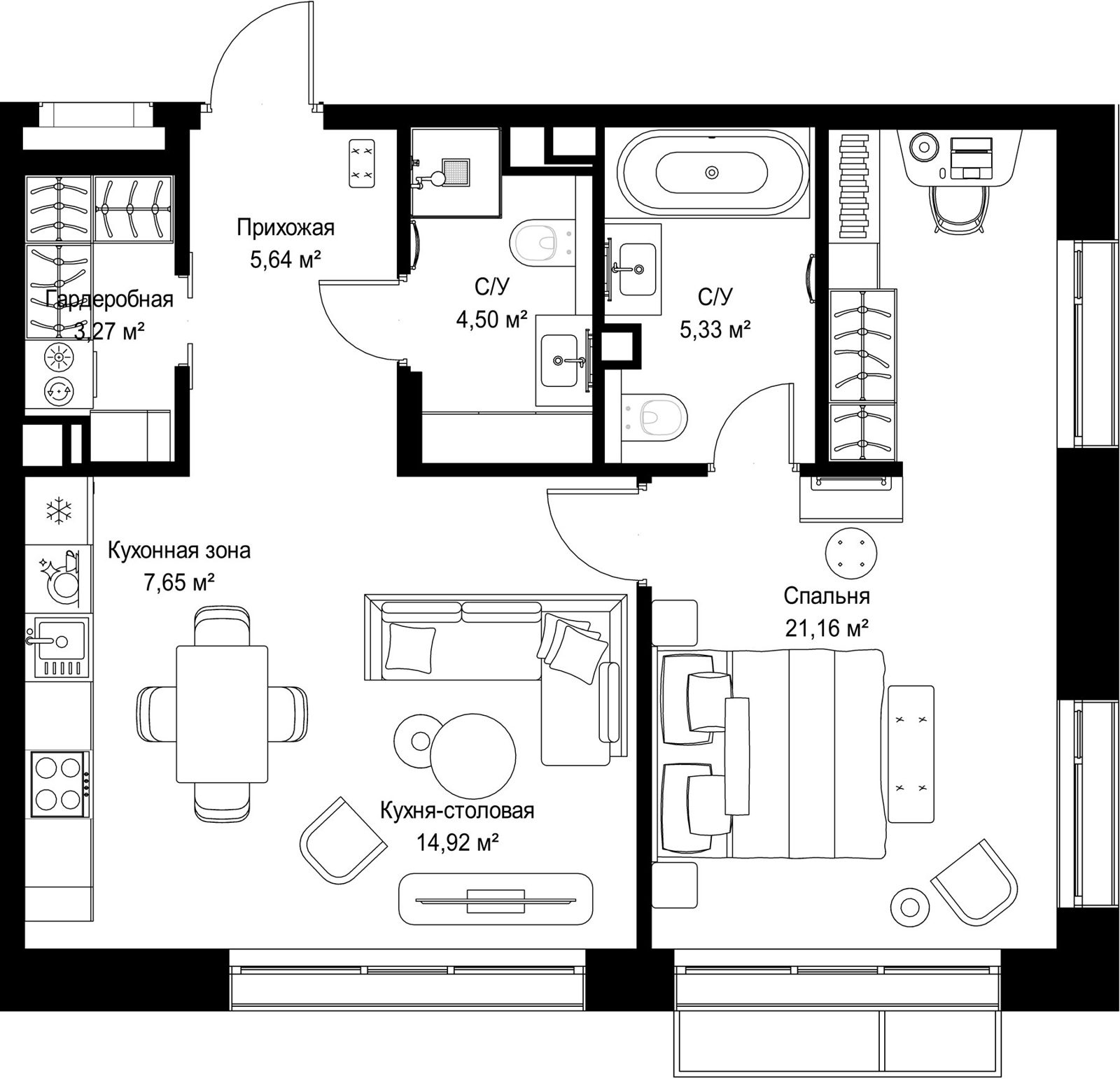 1-комнатная квартира, 62,5 м²