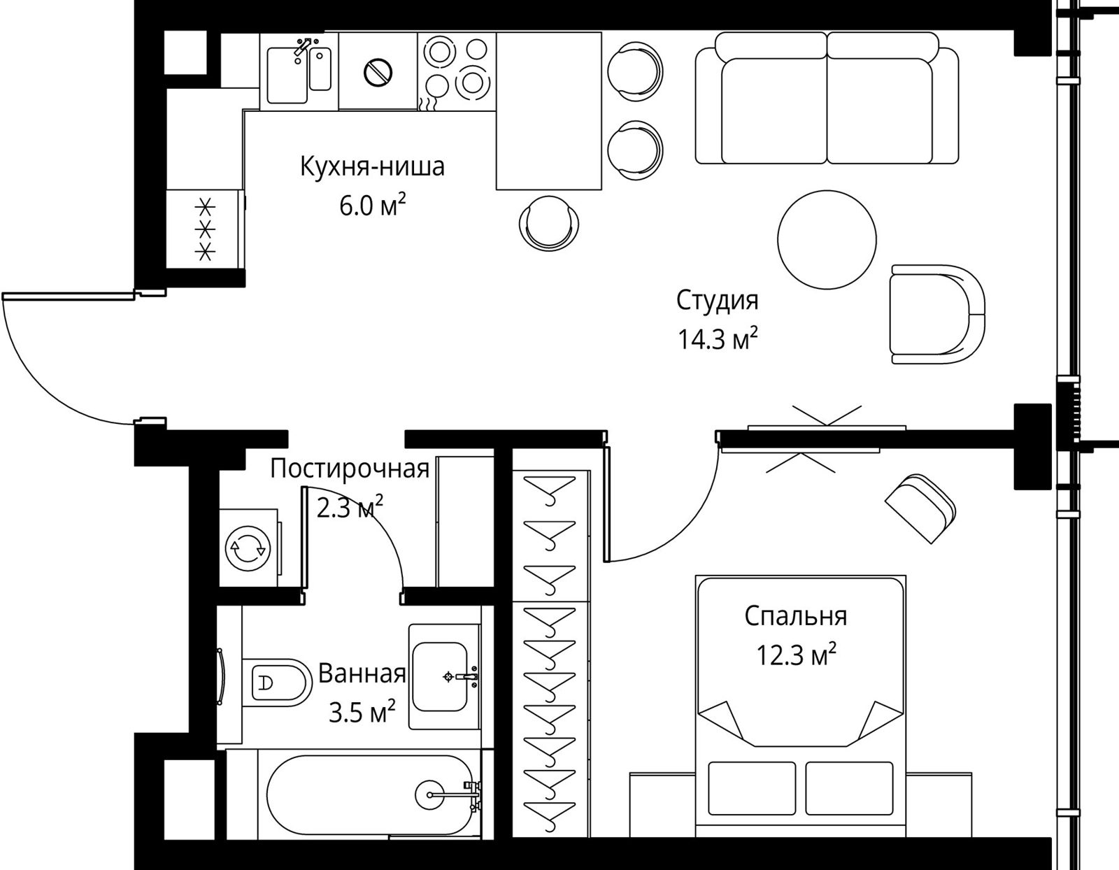1-комнатная квартира, 38,4 м²