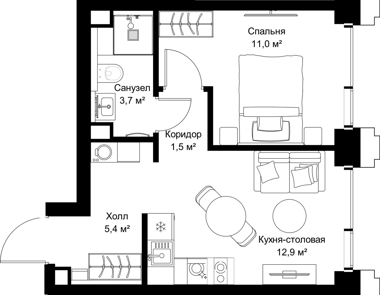 1-комнатная квартира, 34,5 м²
