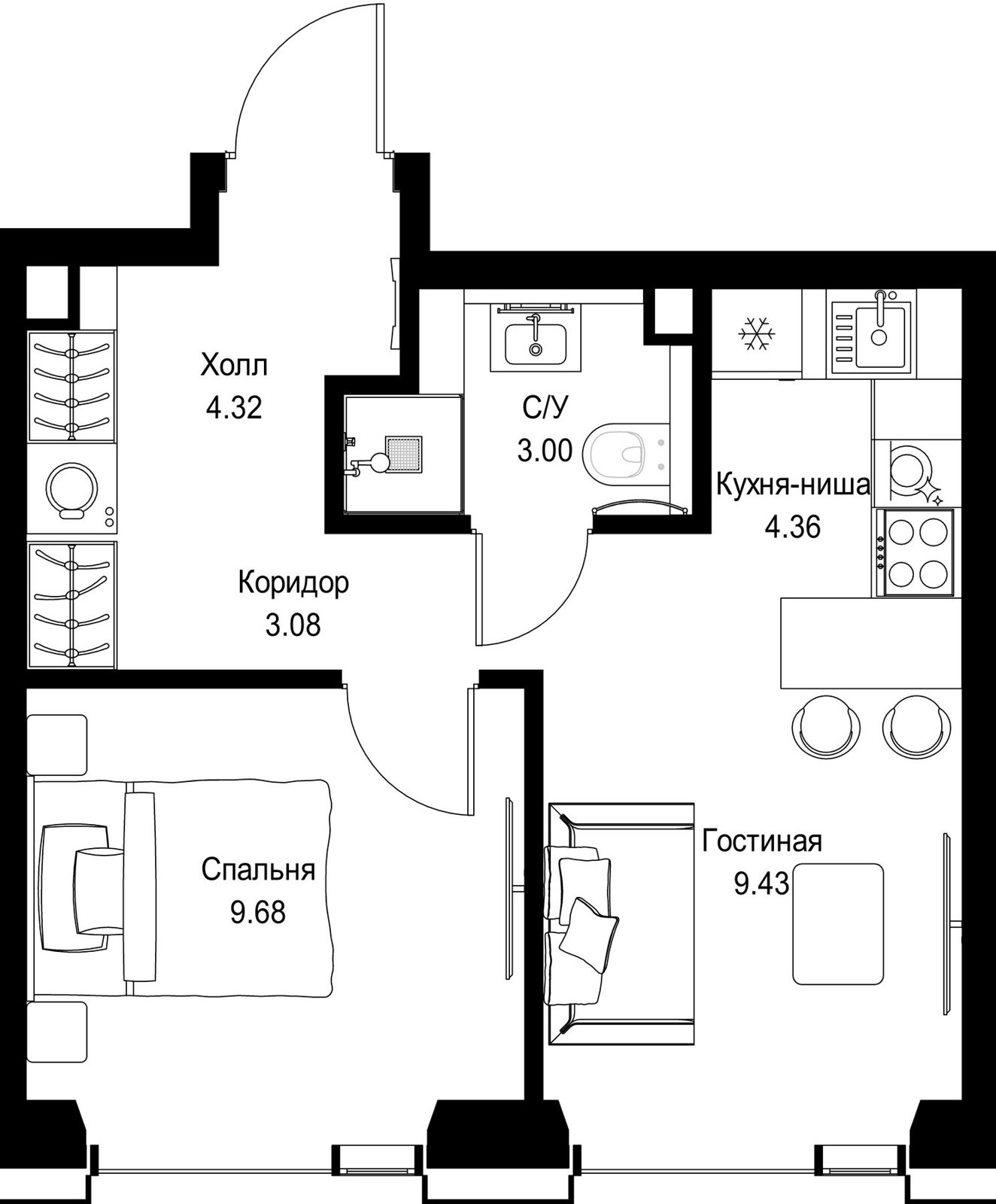 1-комнатная квартира, 33,9 м²