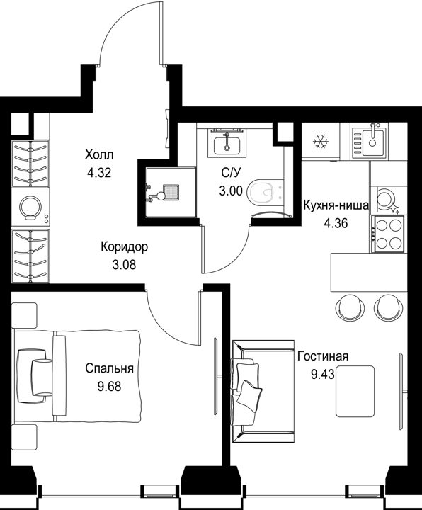 1-комнатная квартира, 33,9 м²