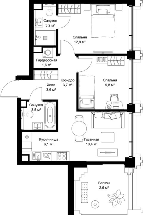 2-комнатная квартира, 57,4 м²