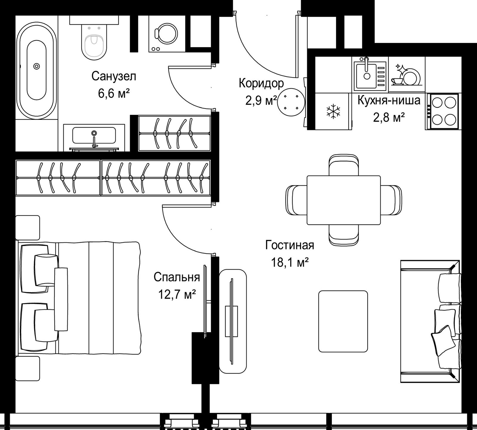 1-комнатная квартира, 43,1 м²