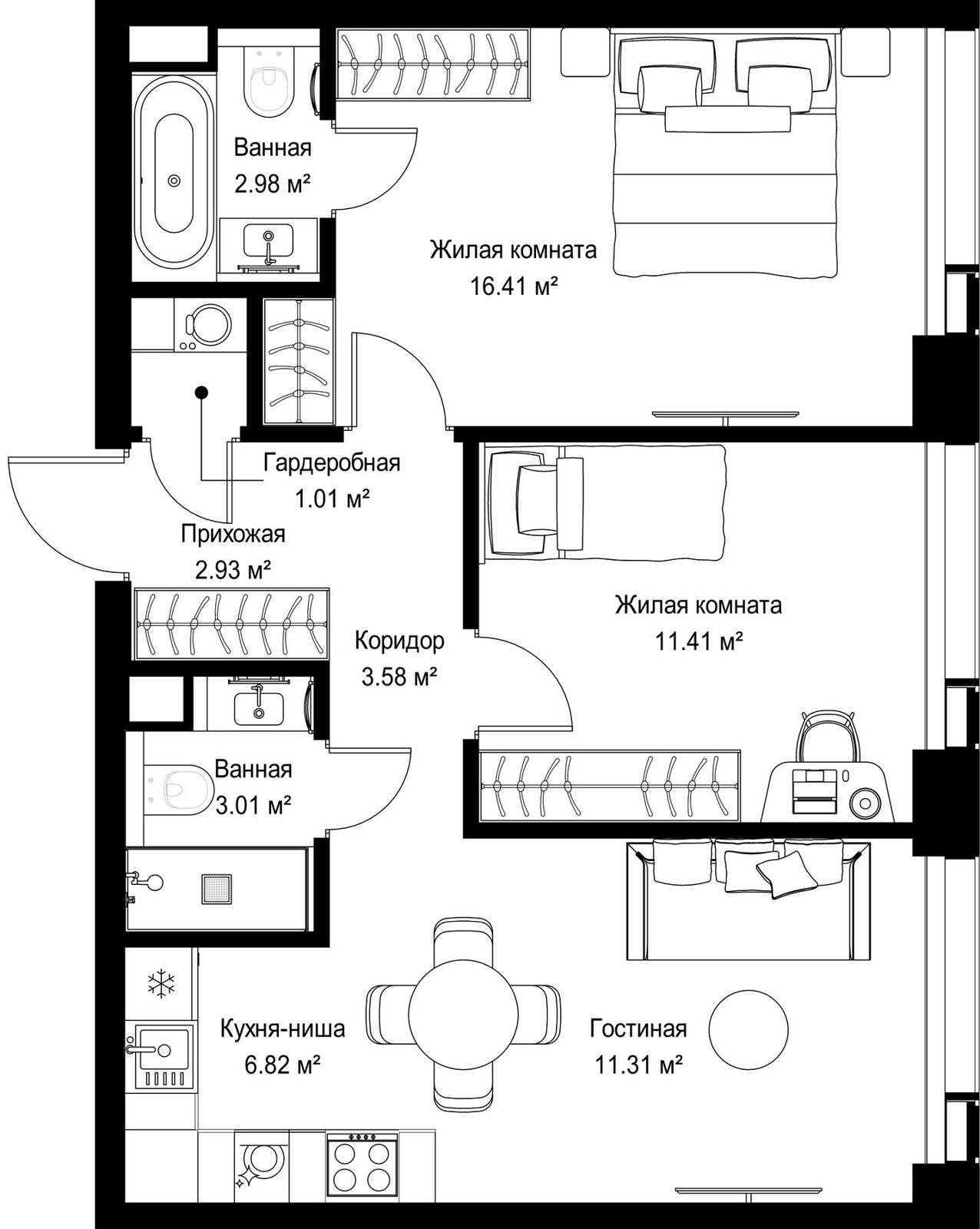 2-комнатная квартира, 59,5 м²