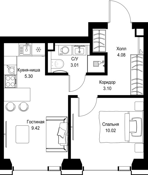 1-комнатная квартира, 34,9 м²