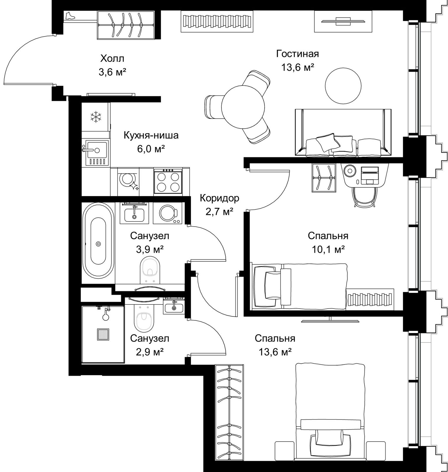 2-комнатная квартира, 56,4 м²