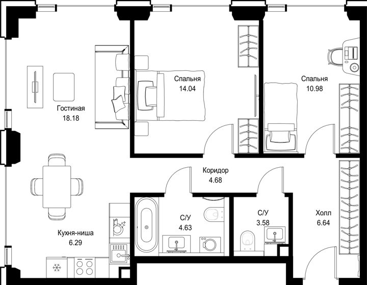 2-комнатная квартира, 69 м²
