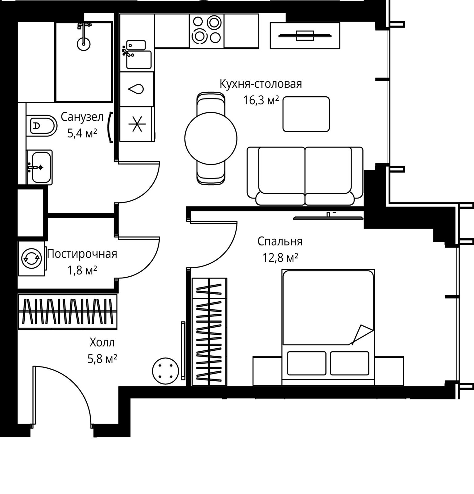 1-комнатная квартира, 42,1 м²