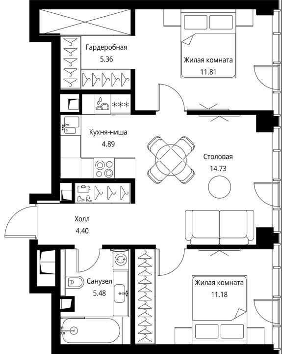 2-комнатная квартира, 57,9 м² — фото 1