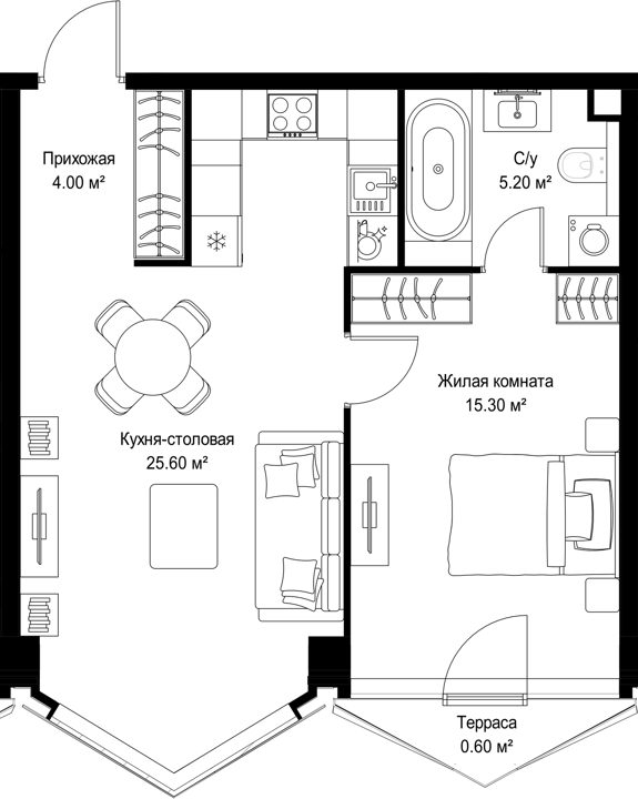 1-комнатная квартира, 50,7 м²