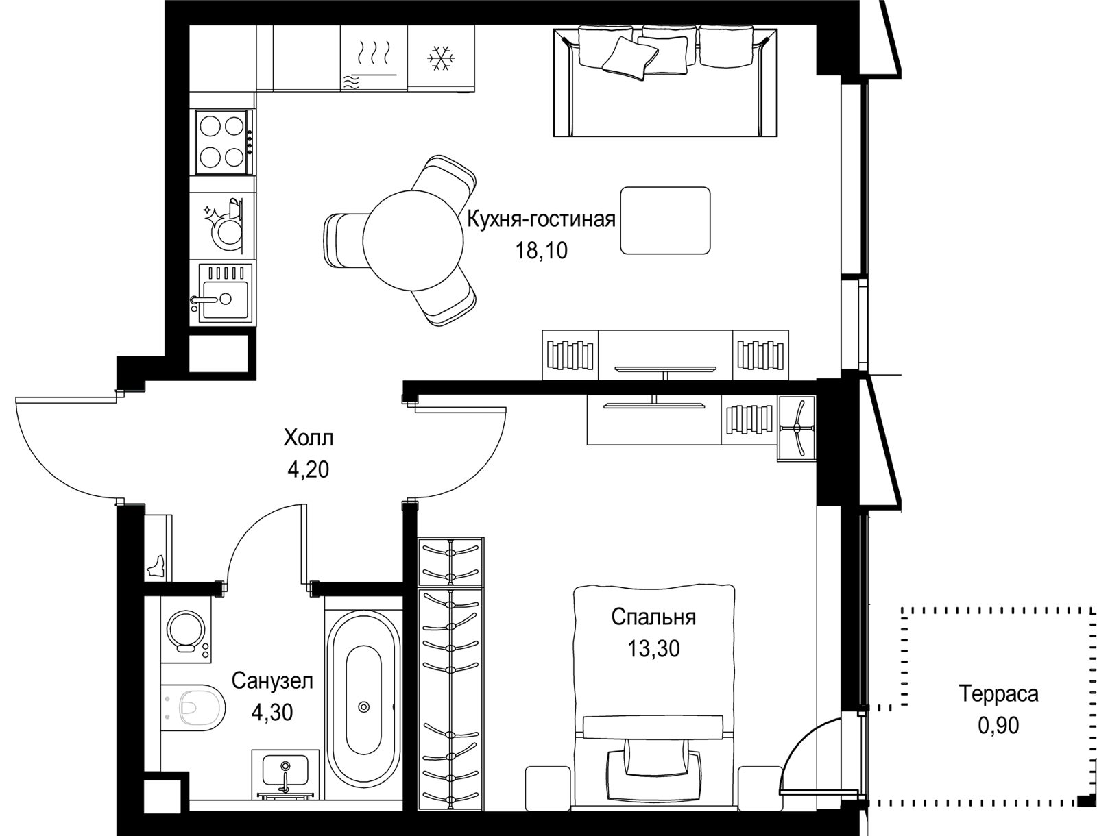 1-комнатная квартира, 40,8 м²