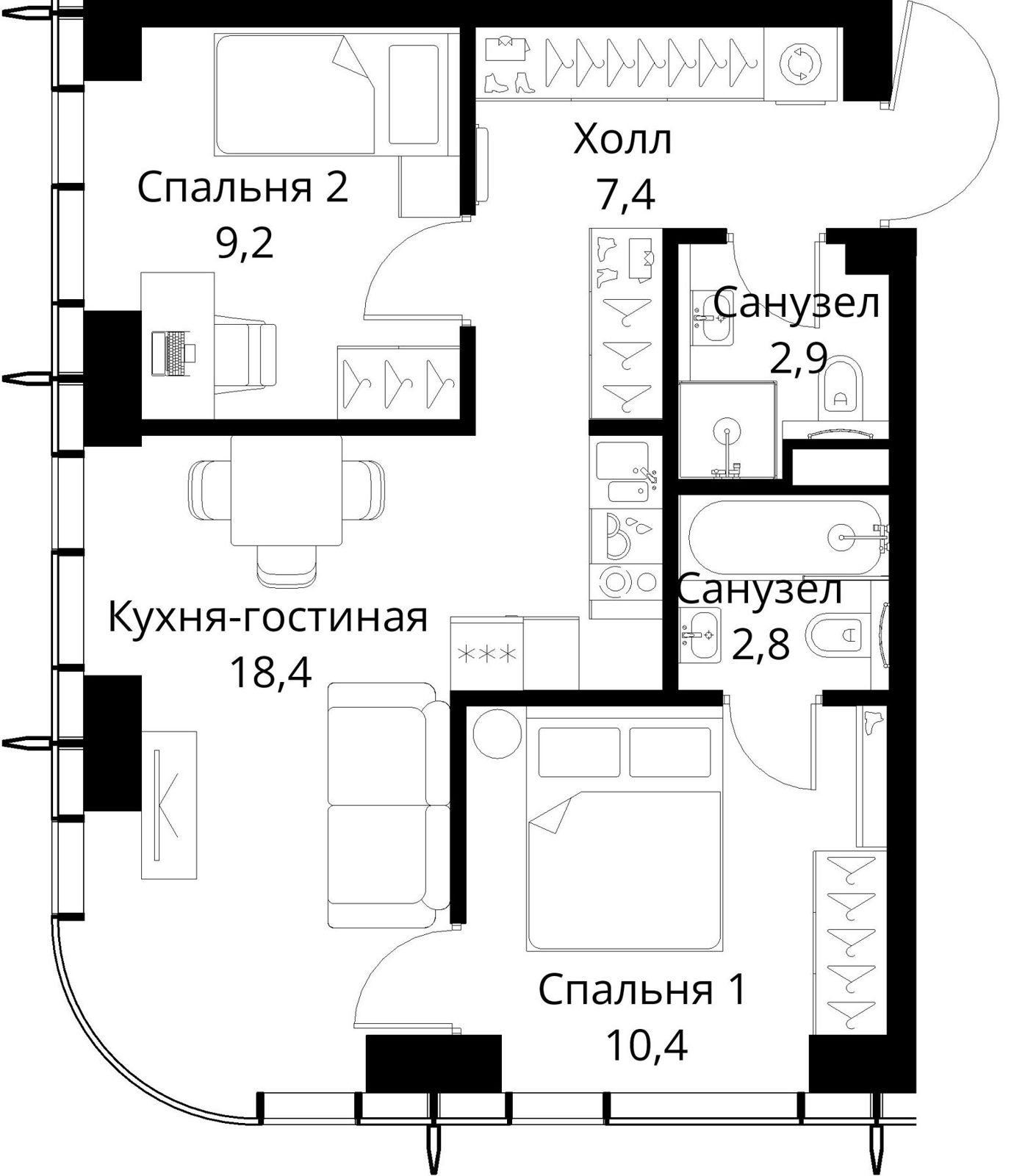 2-комнатная квартира, 51,1 м²