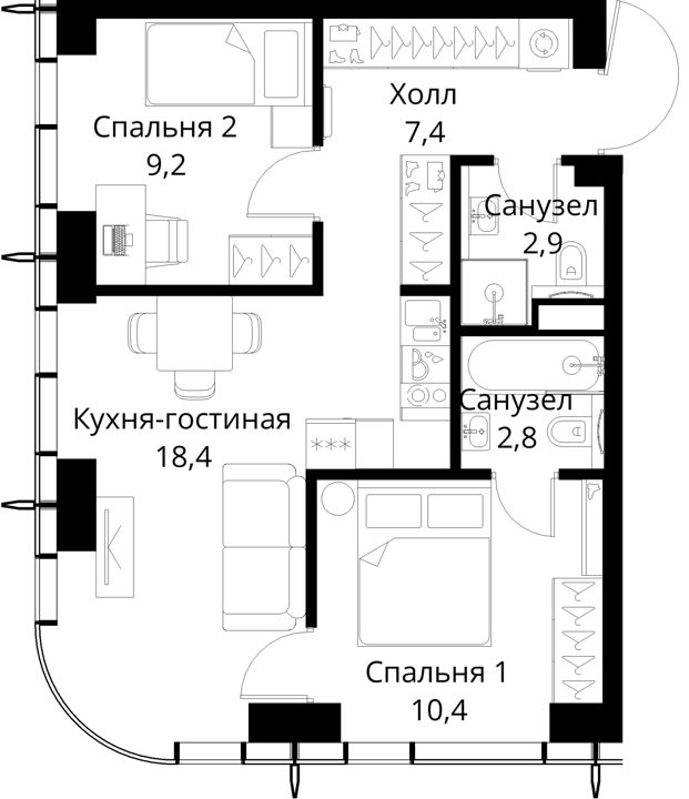 2-комнатная квартира, 51,1 м² — фото 1