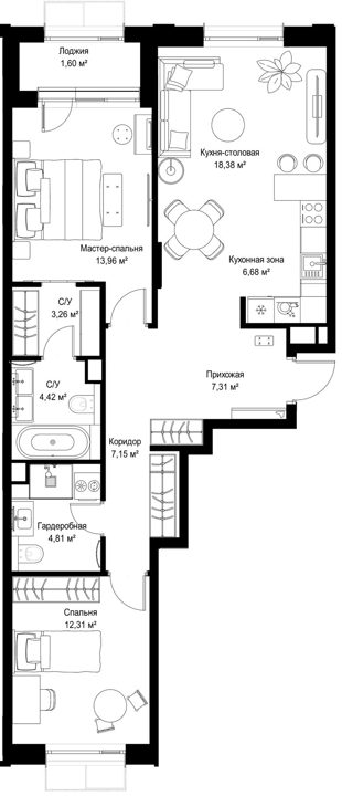 2-комнатная квартира, 79,9 м² — фото 1