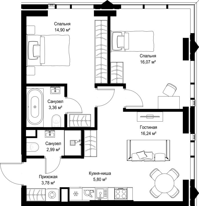2-комнатная квартира, 63,1 м²