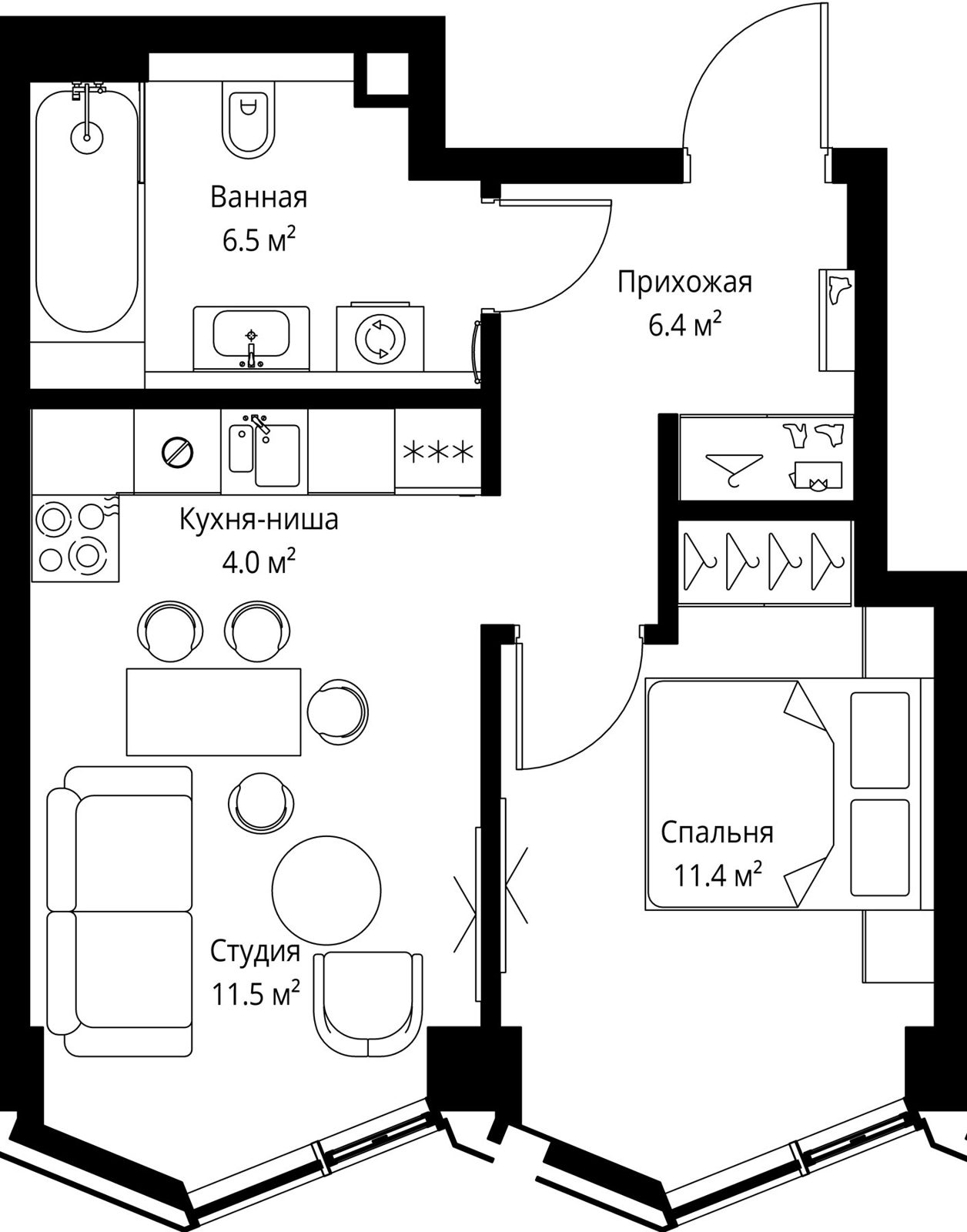 1-комнатная квартира, 39,8 м²