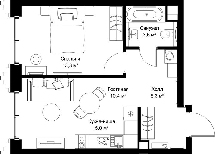 1-комнатная квартира, 40,6 м²