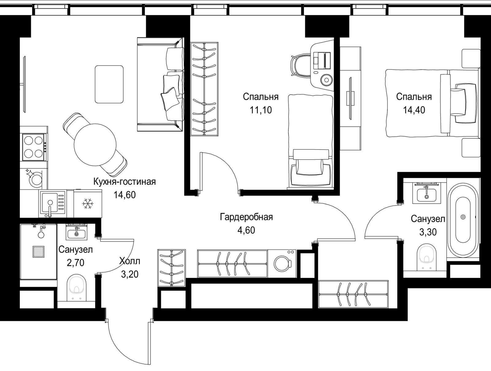 2-комнатная квартира, 53,9 м²