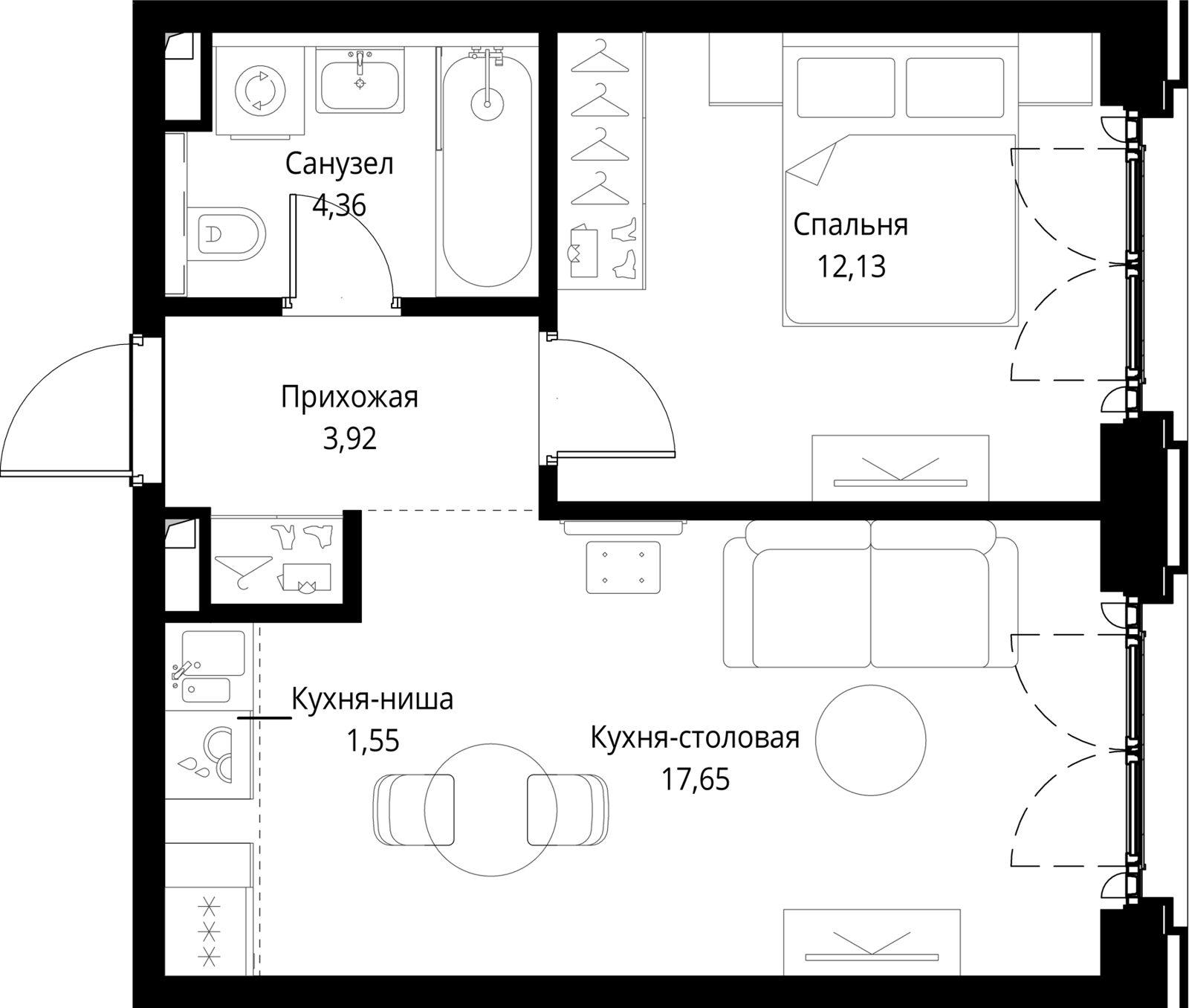 1-комнатная квартира, 39,6 м²