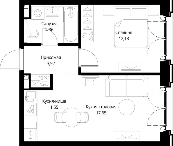 1-комнатная квартира, 39,6 м² — фото 1