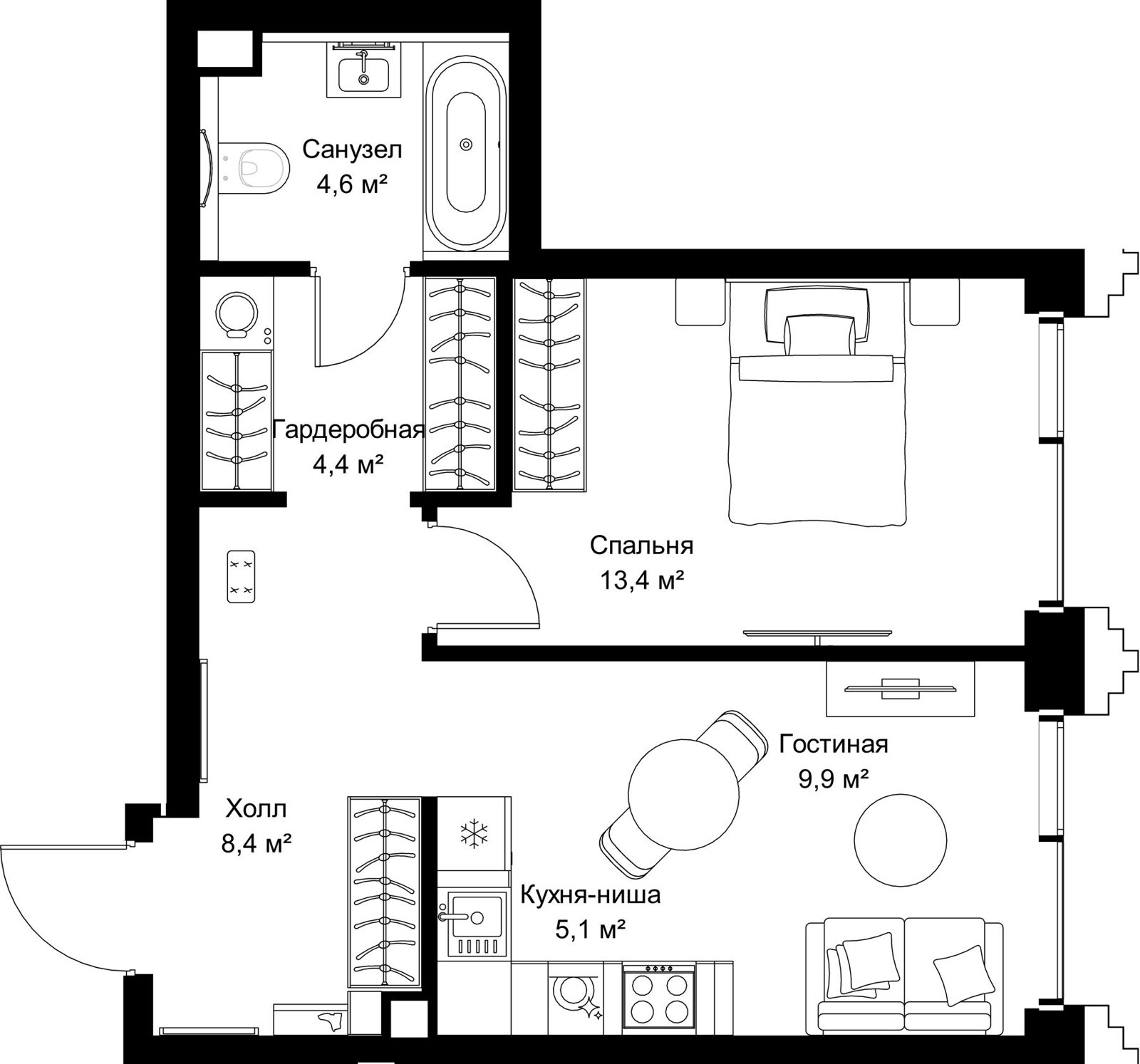 1-комнатная квартира, 45,8 м²