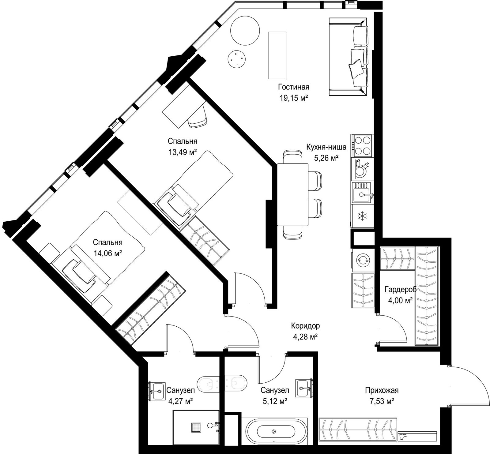 2-комнатная квартира, 77,2 м²
