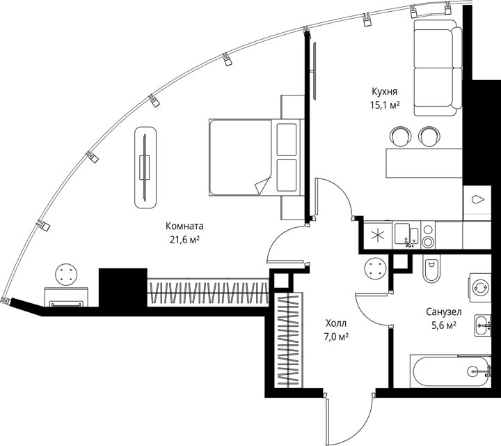 1-комнатная квартира, 49,3 м²
