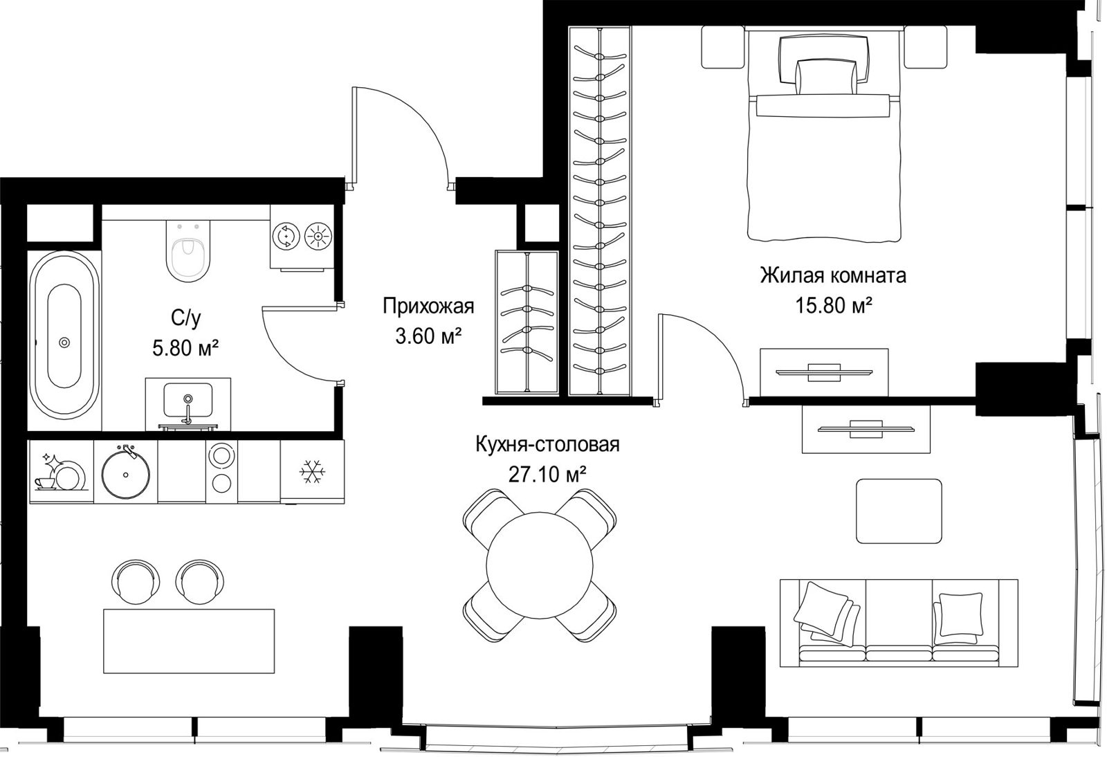 1-комнатная квартира, 52,3 м²