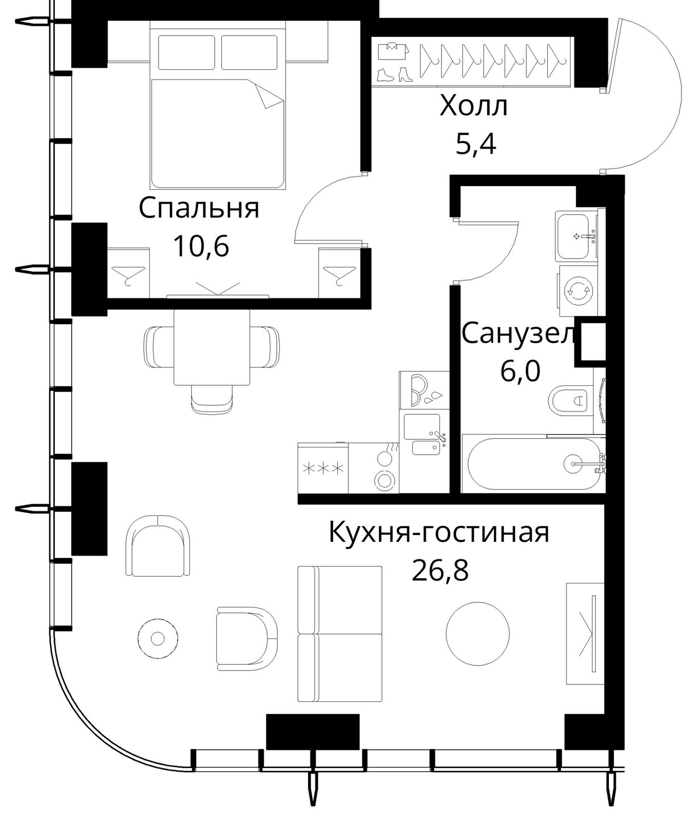 1-комнатная квартира, 48,8 м²