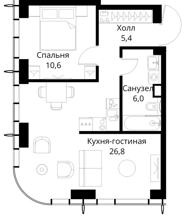 1-комнатная квартира, 48,8 м² — фото 1