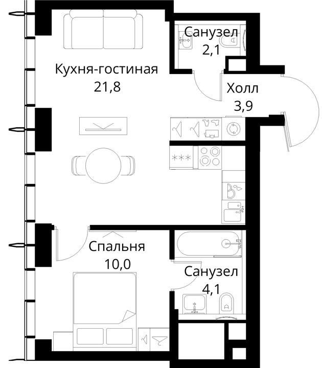 1-комнатная квартира, 41,9 м² — фото 1