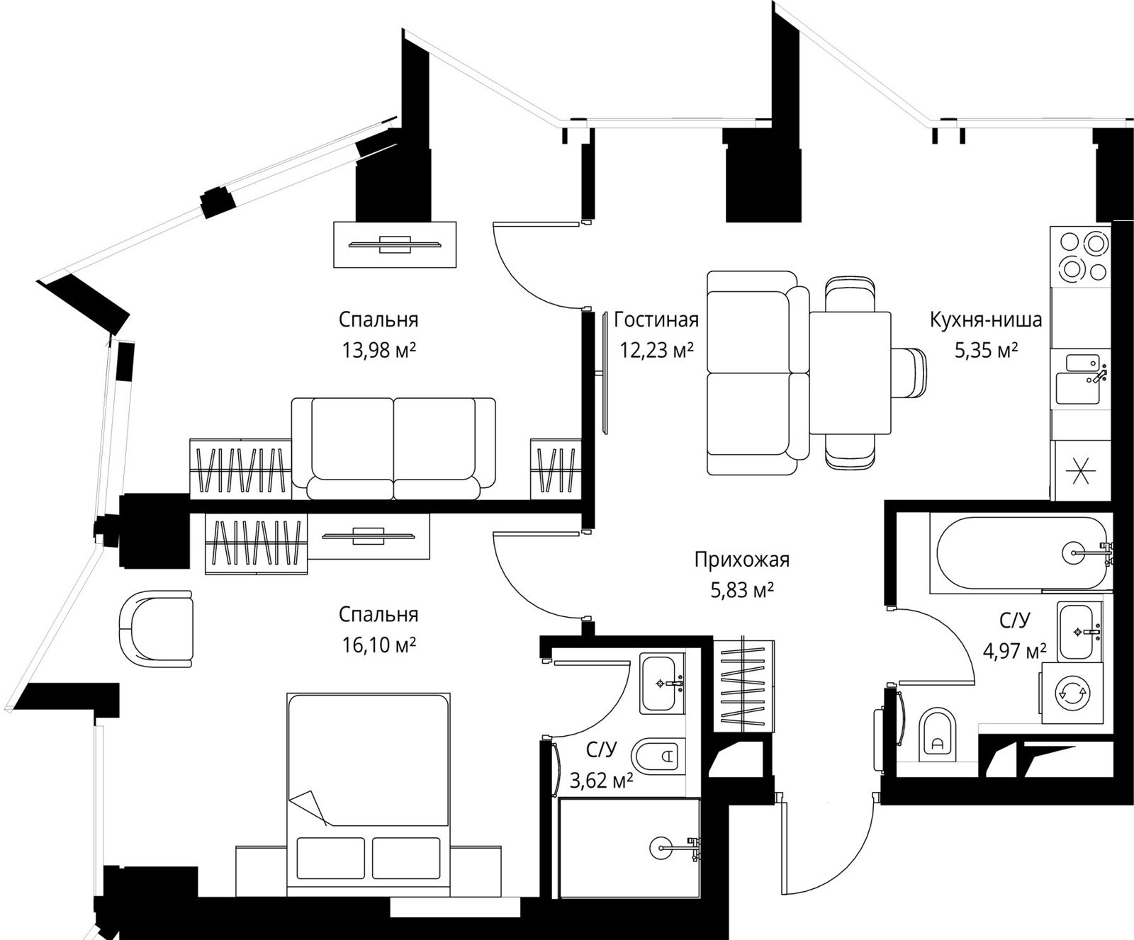2-комнатная квартира, 62,1 м²
