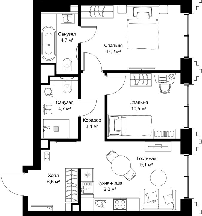 2-комнатная квартира, 59,1 м² — фото 1
