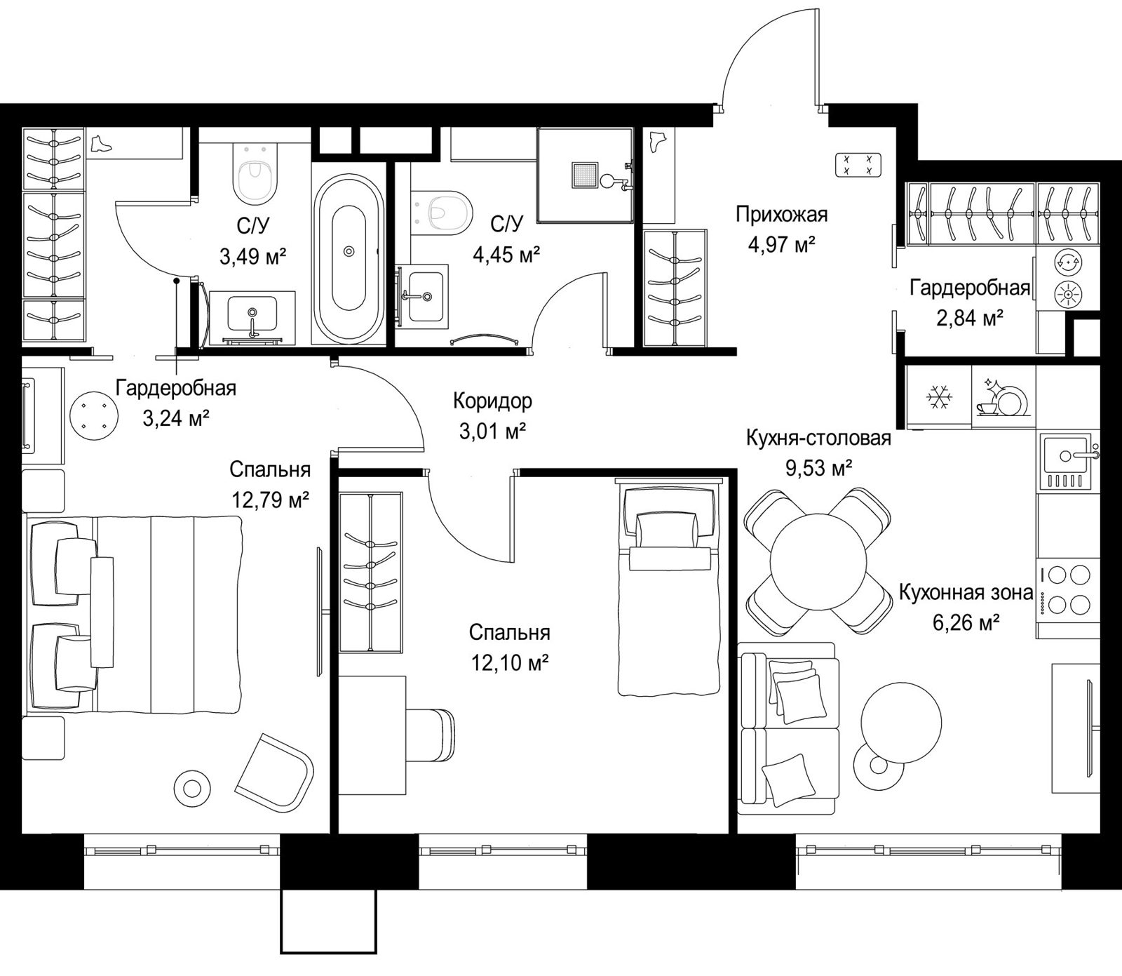 2-комнатная квартира, 62,7 м²