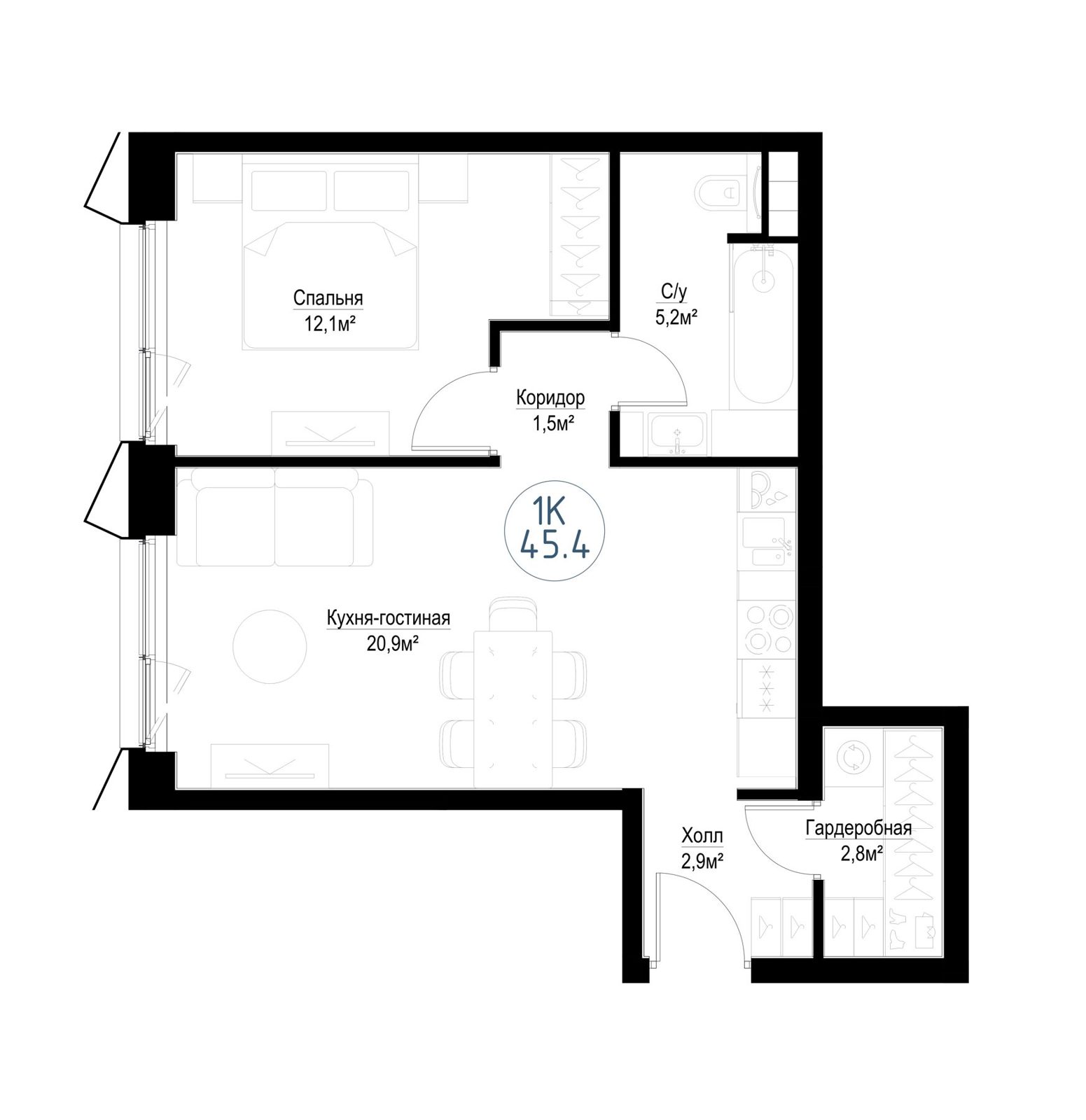 1-комнатная квартира, 45,3 м²
