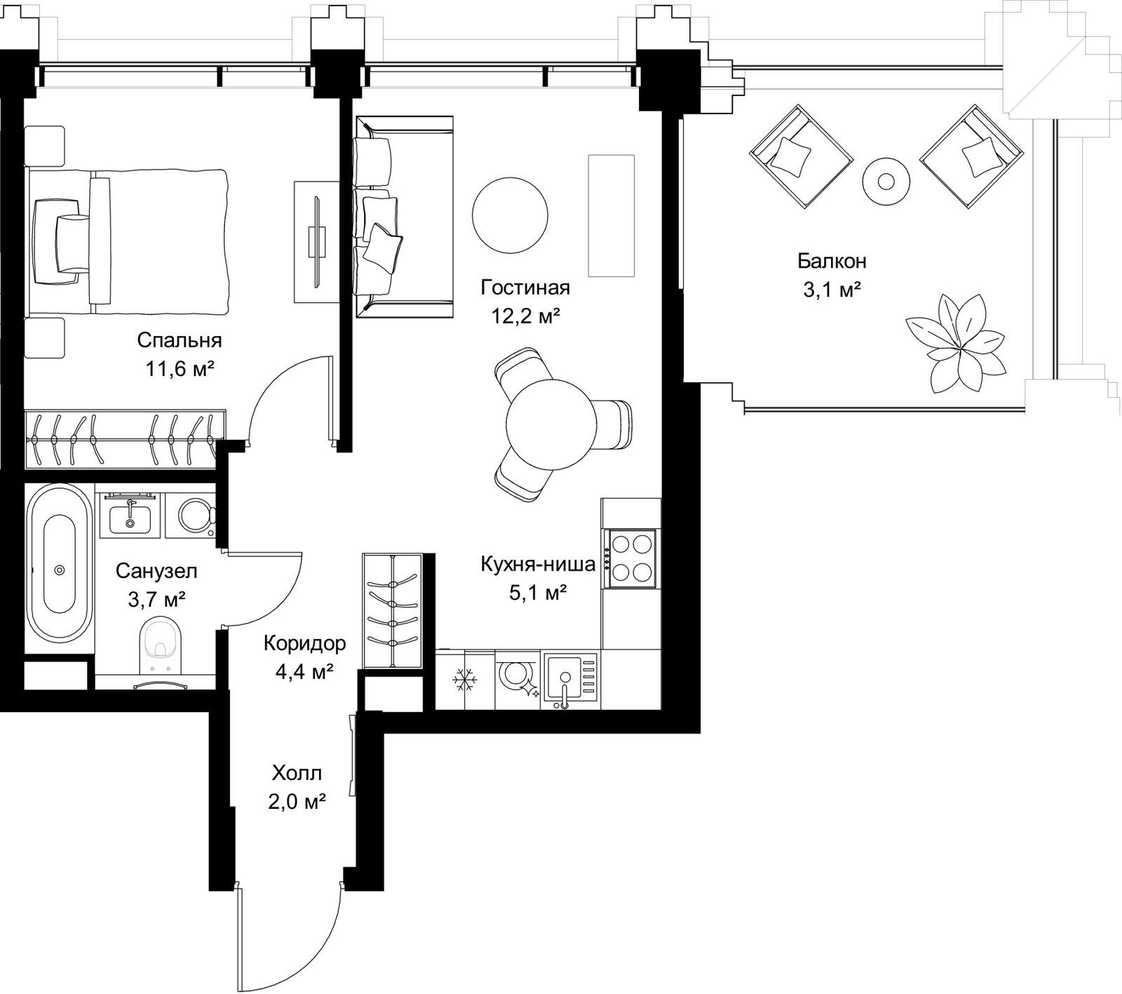 1-комнатная квартира, 42,1 м²