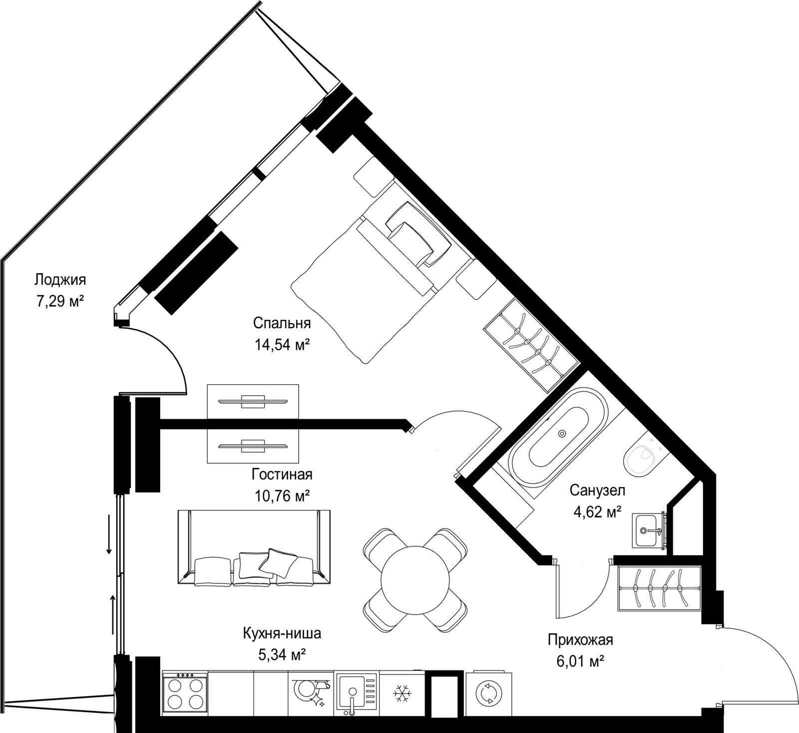 1-комнатная квартира, 48,6 м²
