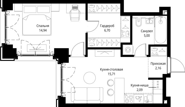 1-комнатная квартира, 46,6 м² — фото 1