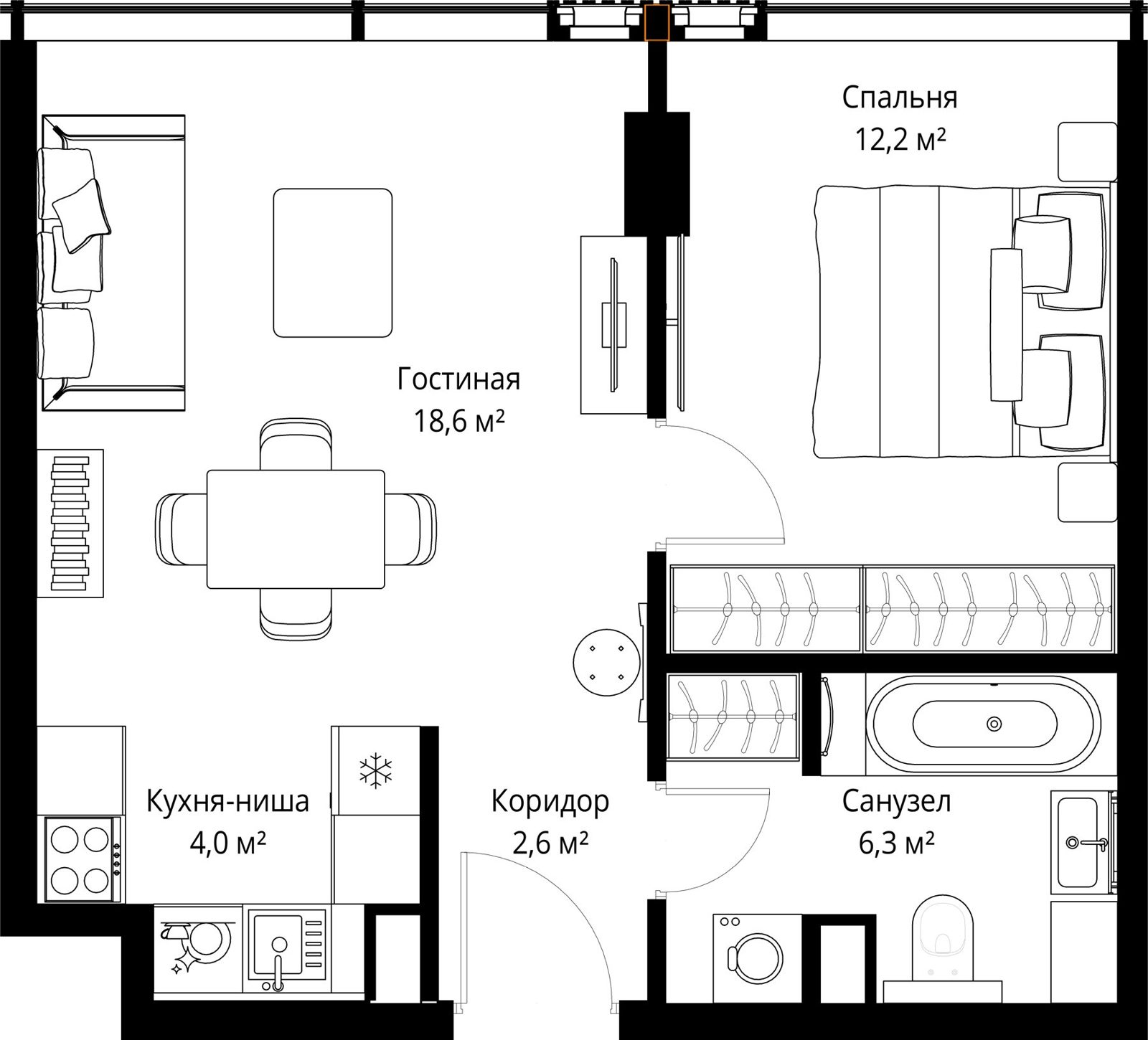 1-комнатная квартира, 43,7 м²
