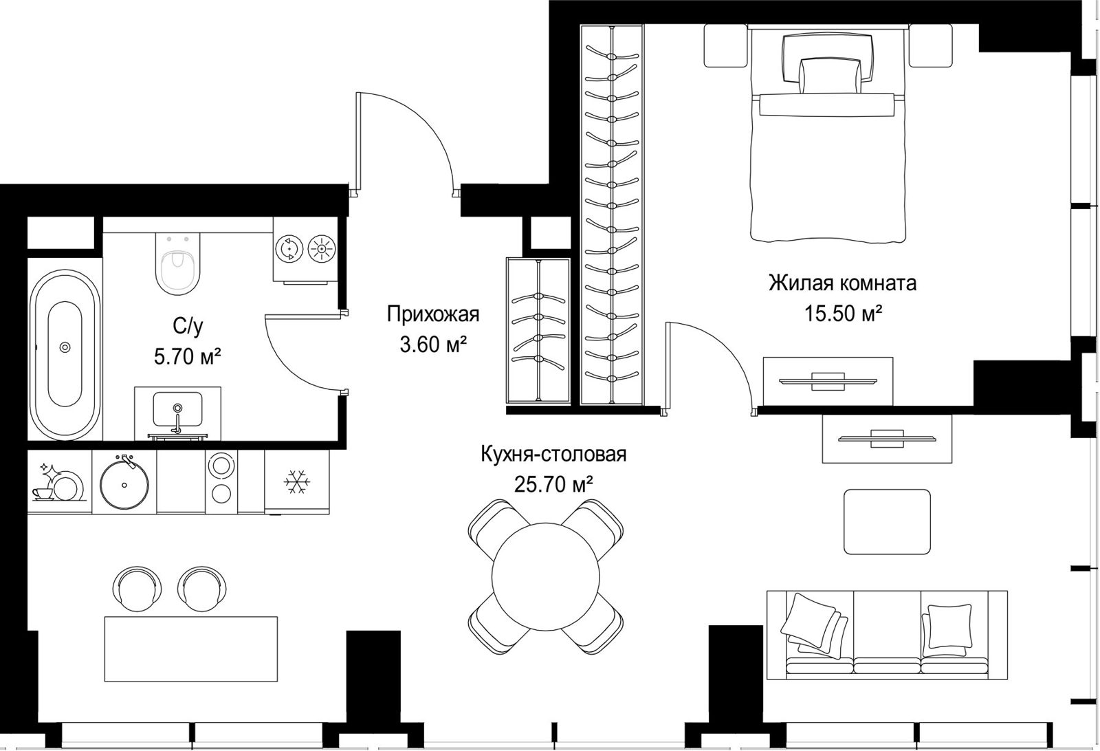 1-комнатная квартира, 50,5 м²