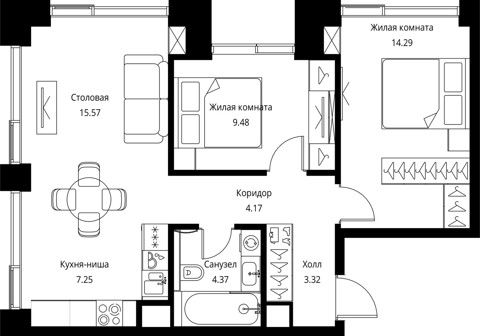 2-комнатная квартира, 58,5 м²