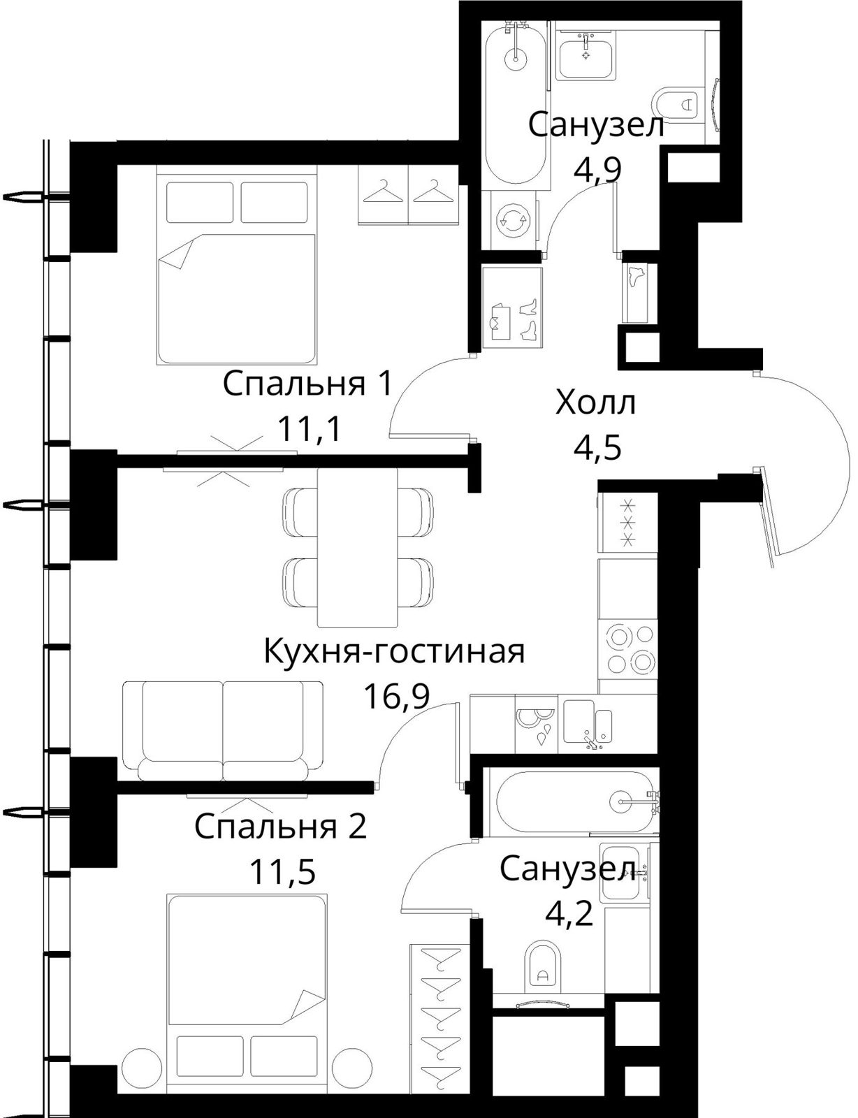 2-комнатная квартира, 53,1 м²