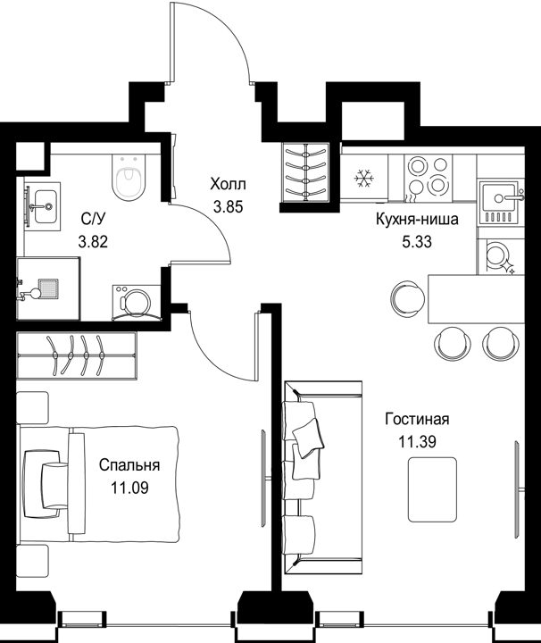 1-комнатная квартира, 35,5 м²