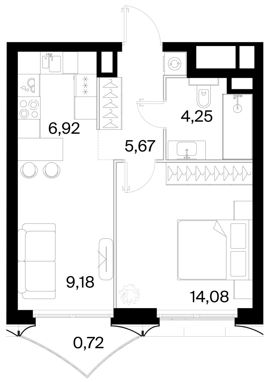 1-комнатная квартира, 40,8 м²
