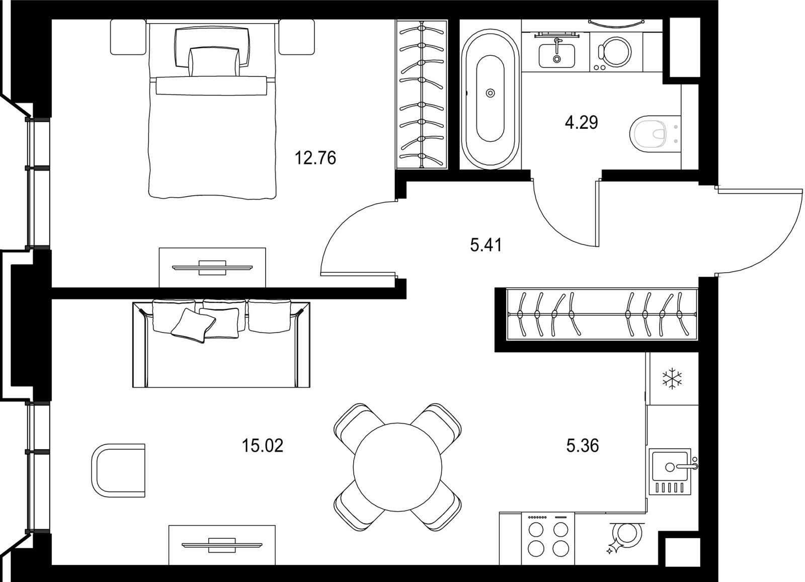 1-комнатная квартира, 42,8 м²