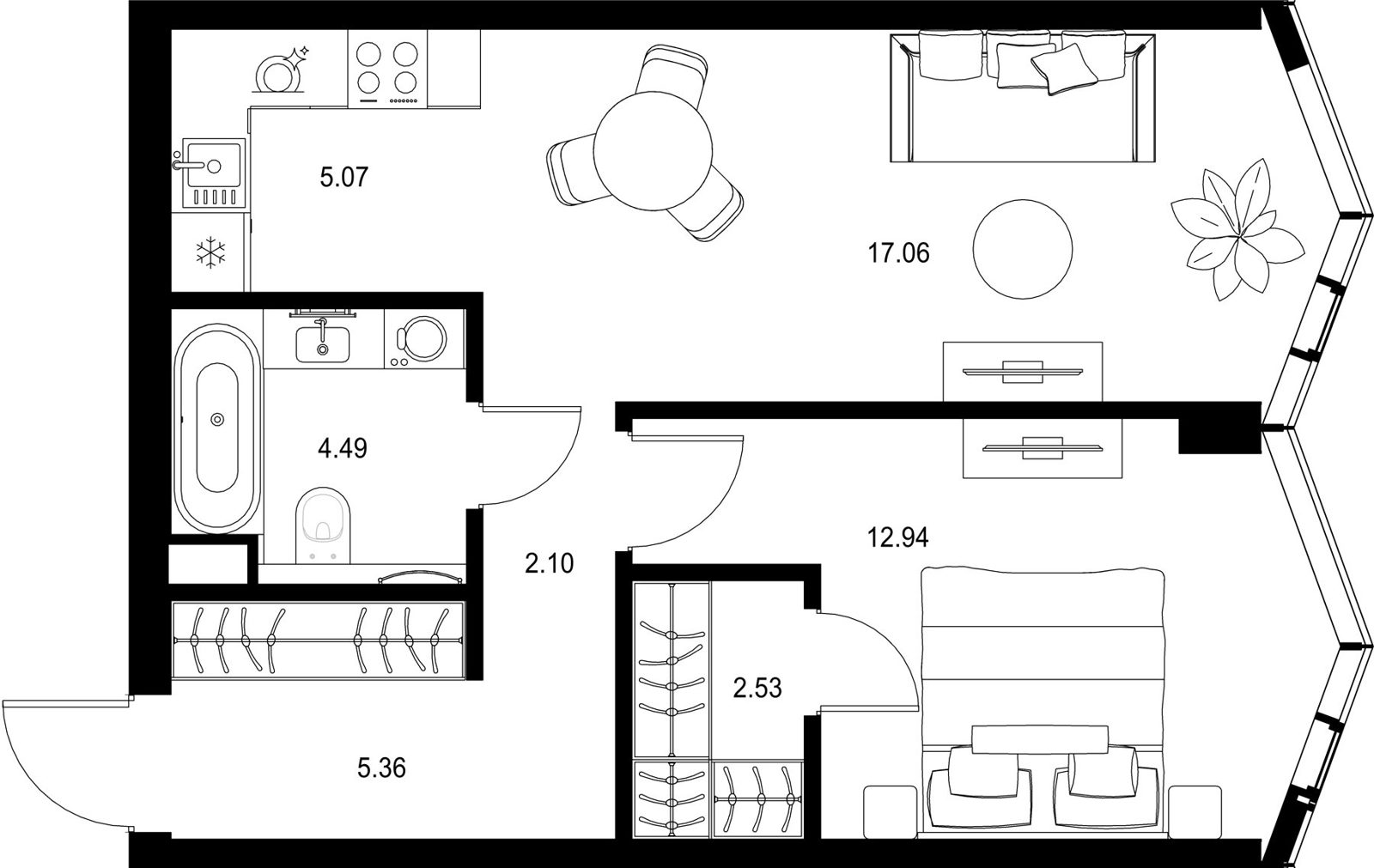1-комнатная квартира, 49,5 м²