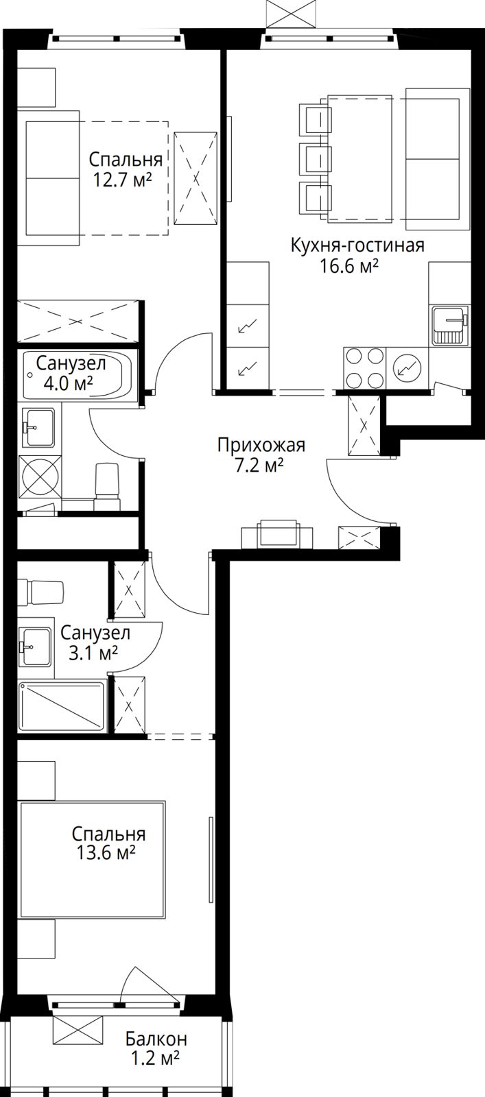 2-комнатная квартира, 58,4 м²