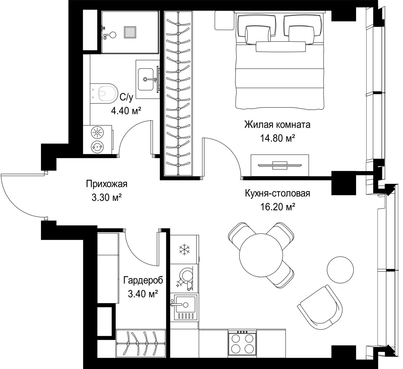 1-комнатная квартира, 42,1 м²