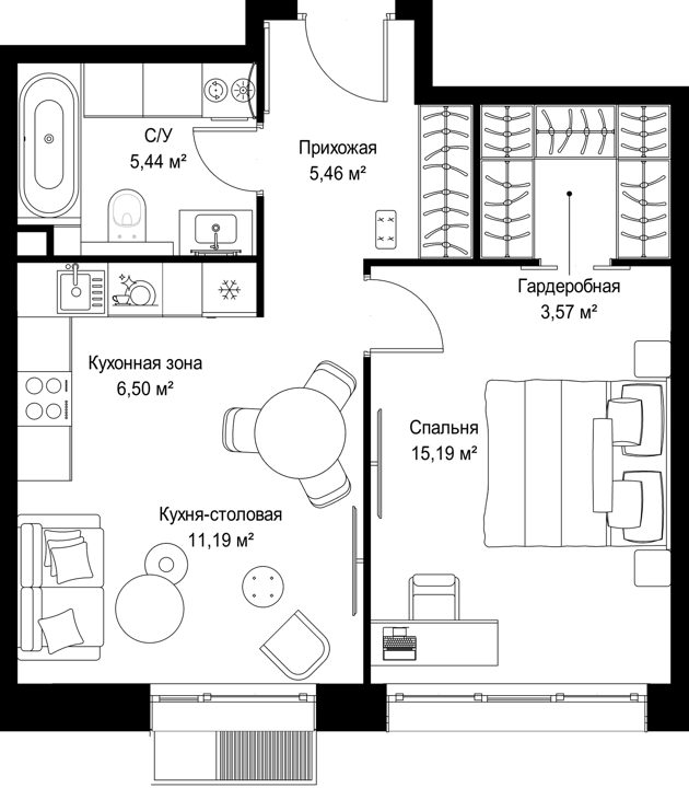 1-комнатная квартира, 47,4 м² — фото 1